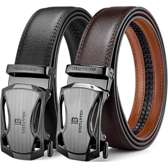 Mens Leather Ratchet Belt Adjustable Slide Buckle Dress Casual Trim to Fit - Picture 1 of 7